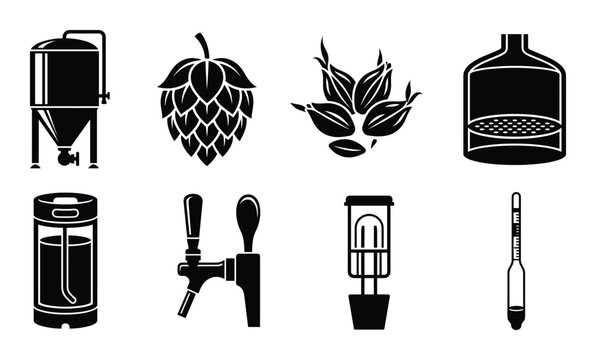 Brewing equipment silhouette collection, fermentation tank, hops, grains, mash tun, keg, tap, test jar, hydrometer, vector