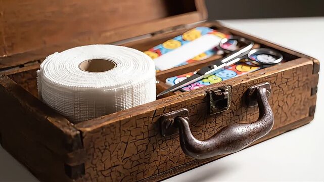 Vintage suitcase filled with medical supplies and equipment, close-up view