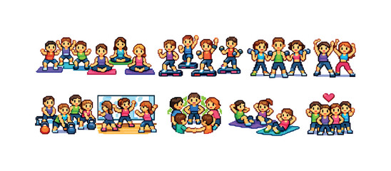 Obraz premium Fitness exercise silhouette icon set. gym, workout, yoga, wellness illustrations.