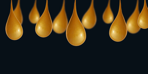 row of golden liquid drops with metallic shine on dark background.molten gold and cosmetic serum...