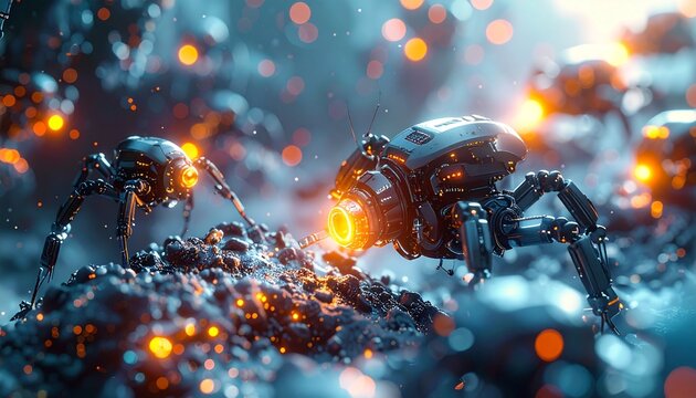 Intricate robotic spiders with glowing energy cores explore a dark, luminescent alien landscape, highlighting advanced technology and a futuristic digital world