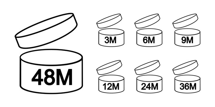 Set of period after opening or PAO icons. Jars with open lids and month numbers. Product expiration time pictograms. Cosmetic validity labels isolated on white background. Vector outline illustration