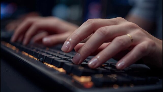 Hands typing on backlit keyboard close up with wedding ring and focused warm backlit glow