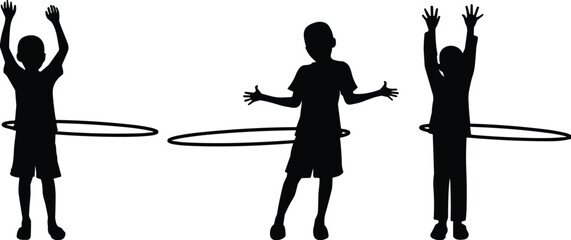 Children playing with hula hoop silhouettes, kids outdoor activity poses, childhood fun sport vector illustration collection isolated © MST. HOSNE
