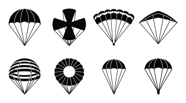 Collection of parachute canopy design icons. Line art vector illustrations of parachutes for air and transport projects