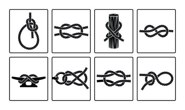Collection of sailing knots and hitches icons diagrams, illustration of different nautical knotting techniques for boats and ships