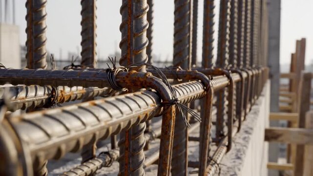 Reinforced concrete construction site, rebar steel bars tied together for foundation