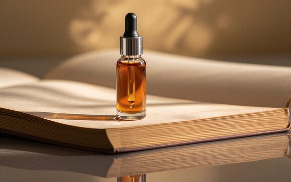 Golden dropper bottle rests on open book reflecting warmth in soft