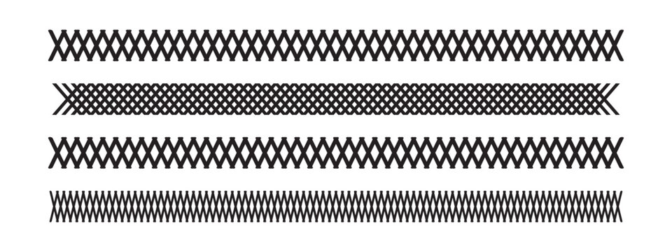Set of slash and crossed lines borders. Oblique parallel stripes patterns. Black tilted stitches and crosses embroidery ornaments on white background. Geometric prints. Vector graphic illustration