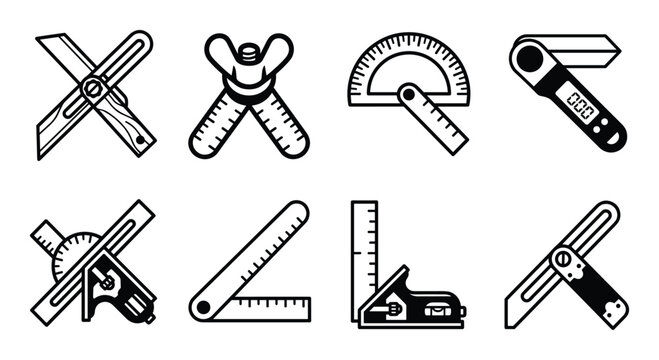 Detailed silhouette collection of angle finders protractors and bevels tools for woodworking, construction and DIY projects