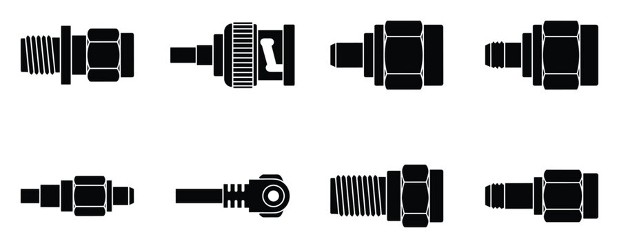 Detailed silhouette collection of coaxial RF connectors, diverse microwave and radio frequency electrical components and adapters