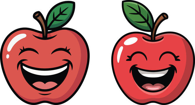 Laughing Cartoon Apple Character with Clean Line Art and Flat Colors. Happy Fruit Mascot with Wide Smile and Closed Eyes for Kids Illustration and Fun Concept
