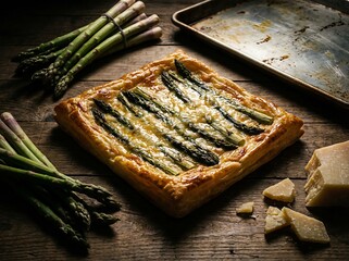 Fototapeta premium A delicious asparagus tart with parmesan cheese, resting on a rustic wooden table alongside fresh asparagus and a baking sheet.