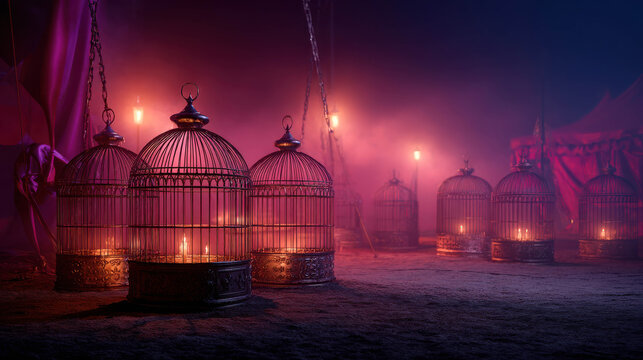 Mysterious Aviary: A row of antique bird cages are illuminated by candlelight, set against the backdrop of a dimly lit circus tent, casting an atmosphere of intrigue and wonder.