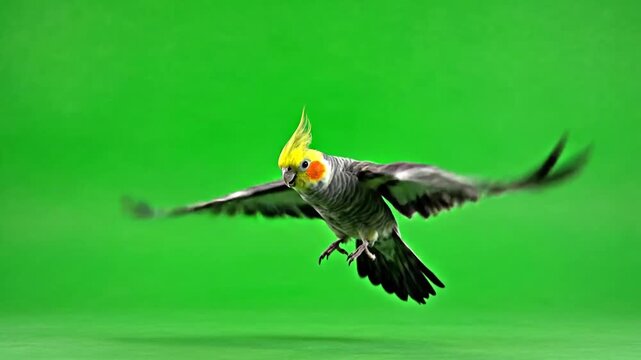 A cockatiel bird with yellow head and grey body flying against a vibrant green screen background, captured mid-flight with wings spread.