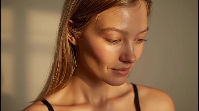 Soft warm portrait of young woman smile close up warm light golden hour portrait woman smiling