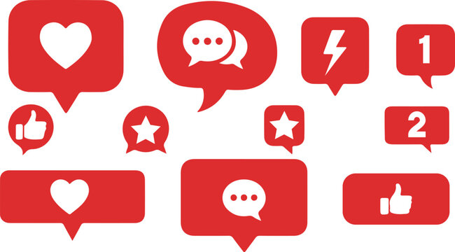 Red Social Media Notification and Engagement Icons Set Vector Collection