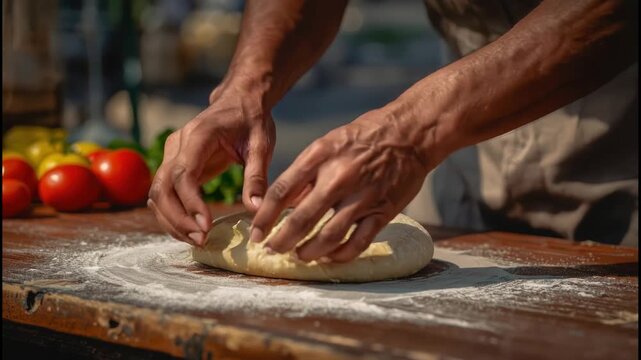 Artisan hands kneading and shaping dough floured wooden table with tomatoes nearby, rustic folding