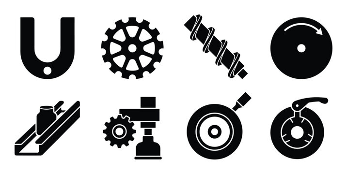 Detailed silhouette collection of packaging, gears, worms, disks, industrial components, conveyors, machinery, and engineering elements