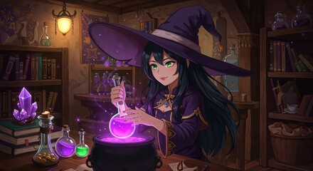 Fototapeta premium Enchanting Brew: A whimsical illustration depicts a young witch, deeply engrossed in brewing a mysterious potion in her enchanting workshop. 