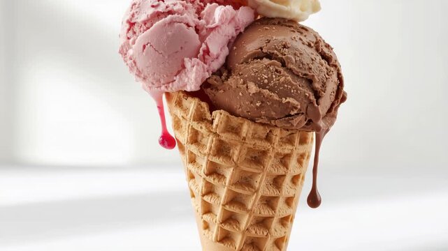 Triple scoop melting ice cream in waffle cone with chocolate strawberry scoop trio