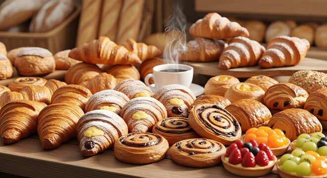 French croissants and pastries on bakery table with coffee, classic french breakfast scene