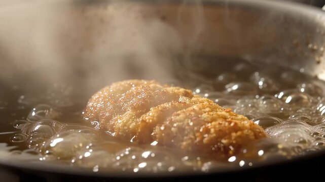 Crispy breaded chicken frying in bubbling oil deep fry golden coating crunchy texture sizzling aroma