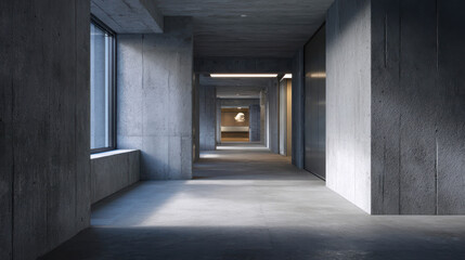 Fototapeta premium Modern Corridor Perspective: A captivating view of an empty contemporary corridor, designed with clean lines and a minimalist aesthetic, offering a sense of openness and direction.