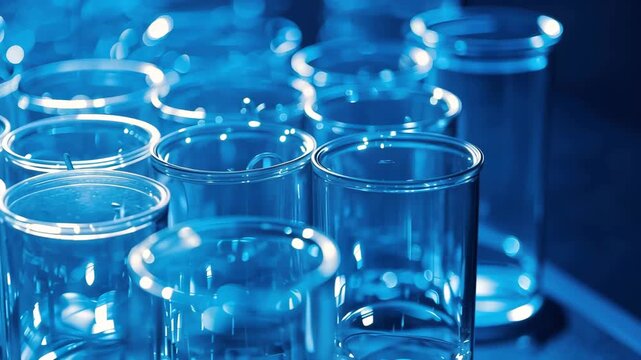 Clear laboratory glass test tube array with blue liquid bokeh lighting reflective highlights