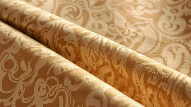 Gold damask fabric ornamental textile pattern with elegant rolled folds and warm soft lighting
