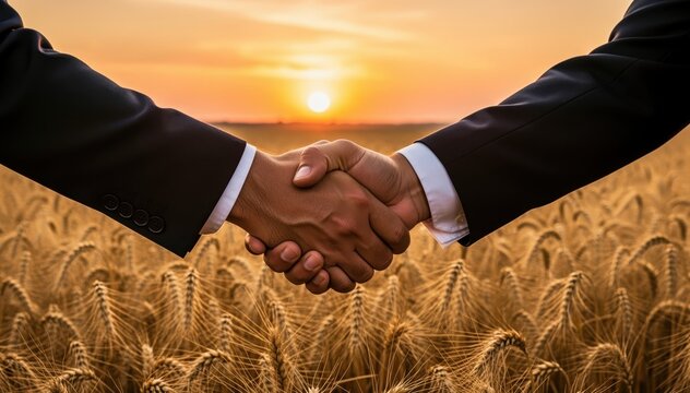 Agreement in Agriculture: Two hands clasped in a firm handshake, a symbol of partnership and collaboration.