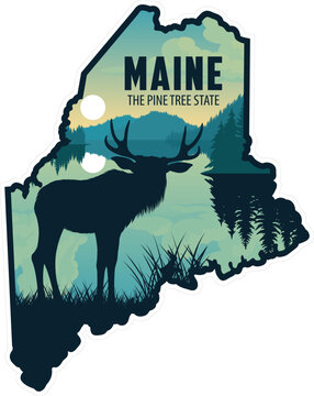 vector Maine sticker design with moose in Katahdin Woods and Waters National Monument