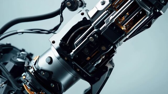 Futuristic robotic arm close up with metallic component wiring and precision engineering mechanical