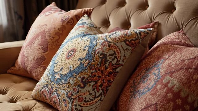 Ornate patterned cushion and tapestry on tufted velvet sofa creating warm cozy pillow ambiance