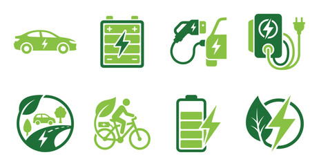 Electric vehicle energy icons set. Battery, car charging, bicycle eco transportation, green energy, sustainable concept