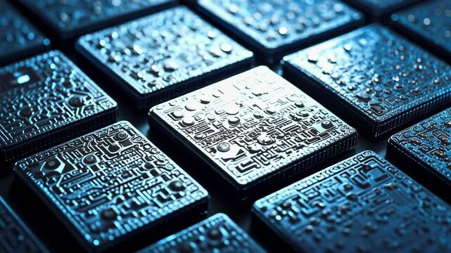 Metallic circuit board tiles glowing blue with reflective texture, blue circuit board tiles with