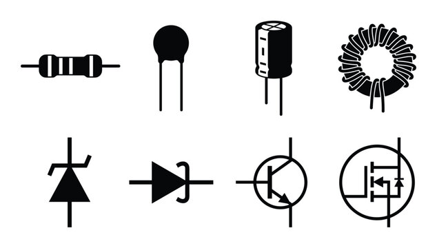 Electronic components symbols vector set including resistor, capacitor, diode, transistor, inductor and MOSFET symbols.