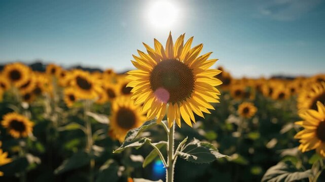 Sunflower field sunlight golden yellow petals center beneath clear blue sky summer warmth