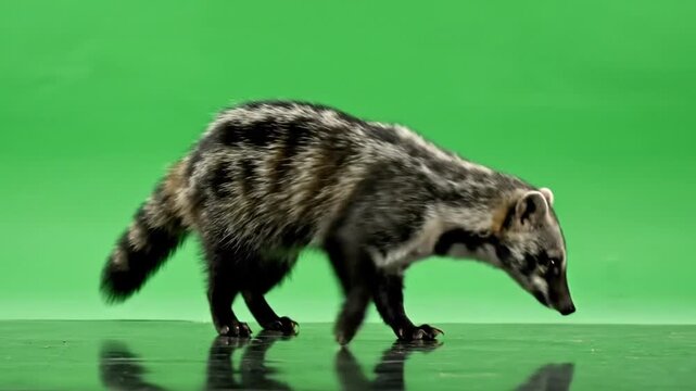 A striped civet-like animal walks on a reflective surface in front of a green screen, showcasing its unique fur pattern.