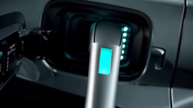 Electric vehicle charging plug connected to car port with glowing connector lights and sleek