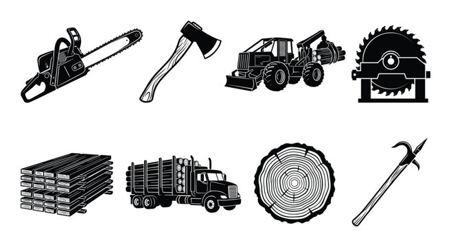 Forestry and logging detailed silhouette collection: chainsaw, axe, timber truck, lumber, tree cross section, log, machine