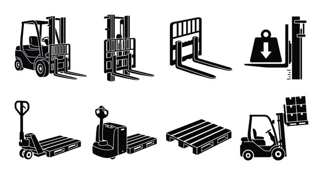 Forklift trucks, pallet jacks and pallets vector set. Forklift machine, handling equipment and cargo platform illustration