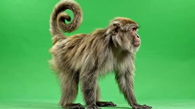 A brown-furred monkey with a long, curled tail stands in profile against a bright green background.