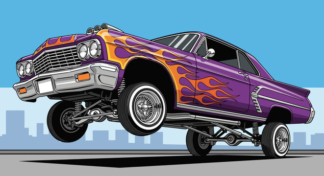 Vibrant Lowrider Car Jumping High in the Air with Flames Design.