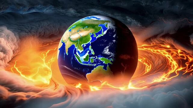 Earth suspended above fiery vortex amid swirling storm cloud atmosphere with lava vortex fury