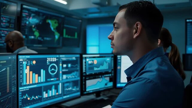 Network analyst monitoring multiple data dashboard screen with cybersecurity analyst monitoring