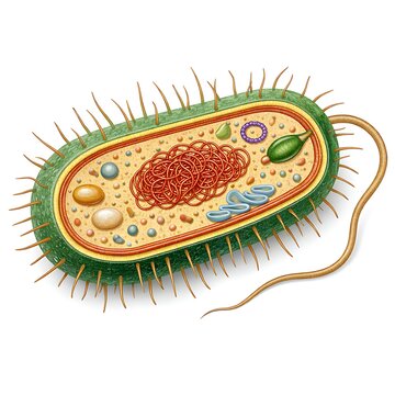 Detailed 3D Illustration of a Bacterium Structure with Internal Organelles, Nucleoid, and Flagellum isolated on White Background.