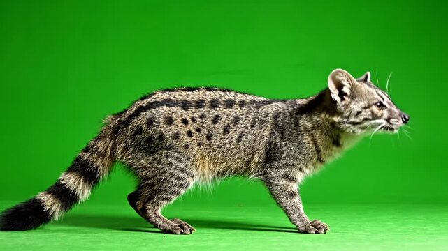 A spotted genet with a striped tail walks against a vibrant green background.