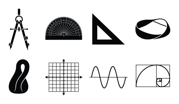 Geometry mathematics shapes collection, protractor, compass, triangle, golden ratio, sine wave, grid, Klein bottle design