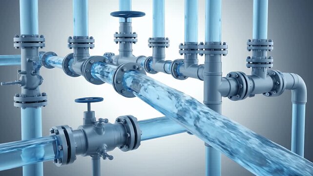 Complex Blue Pipe System with Flowing Liquid for Medical Biotechnology Applications Pharmaceutical Fluid Dynamics and